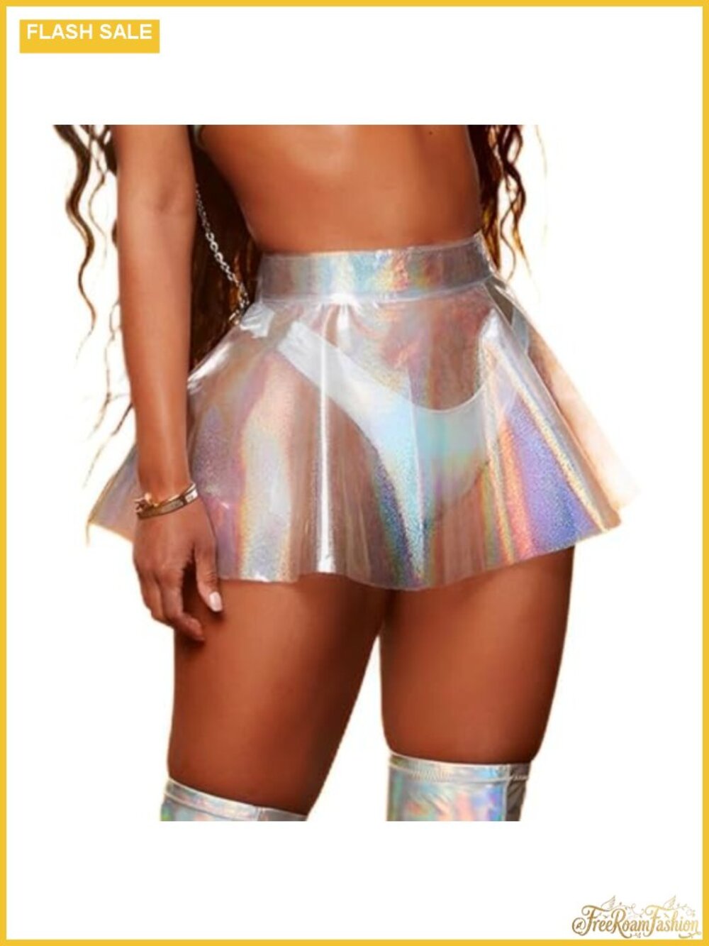 Holographic Flared Mini Skirt Transparent PVC Metallic Rave Festival Costume